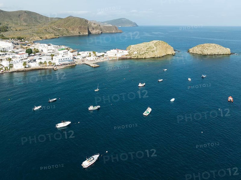 The fishing village of La Isleta del Moro. Aerial view. Drone shot. Nature Reserve Cabo de Gata-Nijar, Almería province, Andalusia, Spain, Europe