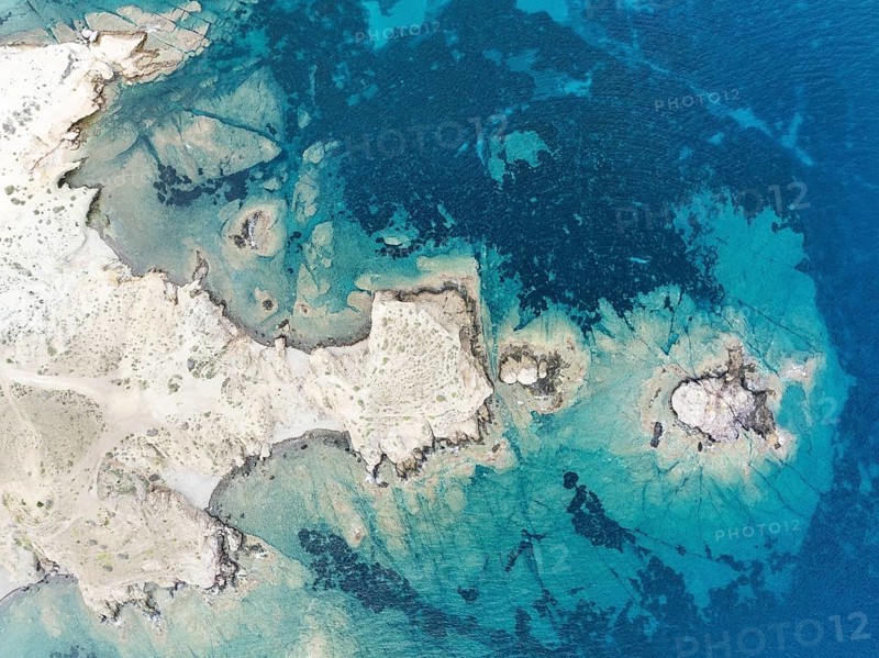 Rocky coast detail. Aerial view. Drone shot. Nature Reserve Cabo de Gata-Nijar, Almería province, Andalusia, Spain, Europe