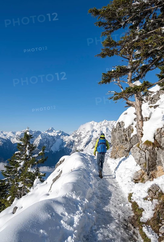 Mountaineers on the way to the Jenner summit with snow, snowy mountain panorama with Watzmann massif, Berchtesgaden National Park, Berchtesgaden Alps, Schönau am Königssee, Berchtesgadener Land, Bavaria, Germany, Europe