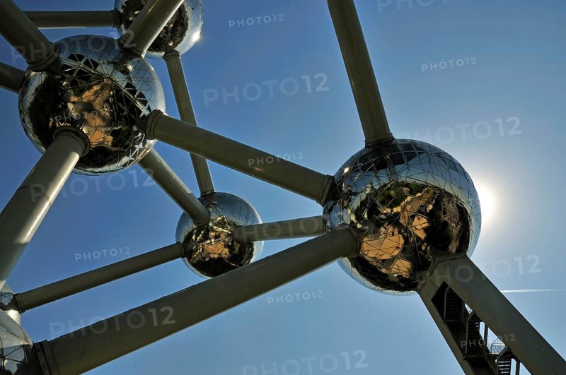 Atomium, built in 1958 for the World Exhibition, uses nine atoms to represent the body-centred cubic elementary cell of an iron crystal structure magnified 165 billion times, Brussels, Belgium, Europe