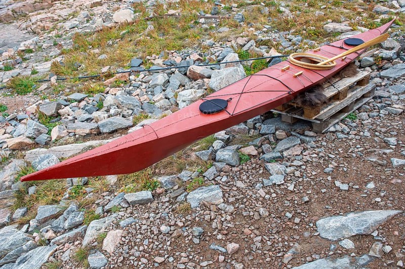 Traditional kayak, manoeuvrable boat for hunting, Inuit settlement Ittoqqortoormiit, Scoresbysund or Scoresby Sund or Greenlandic Kangertittivaq, East Greenland, Greenland, North America