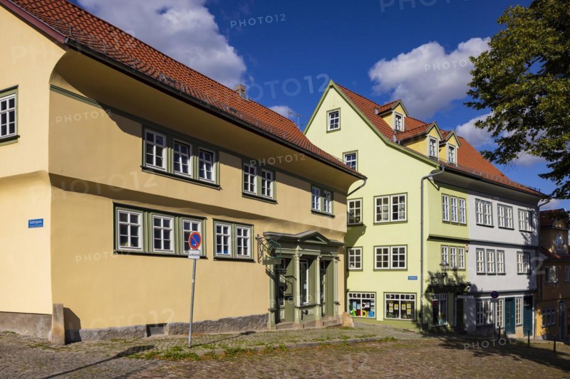 Historic commercial building at the Bachkirche. Haus zum Hasenohr on the right, Arnstadt, Thuringia, Germany, Europe