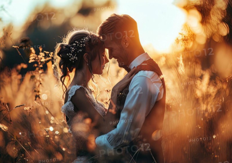 Affectionate romantic couple hugging at sunset during honeymoon in wedding dress, AI generated