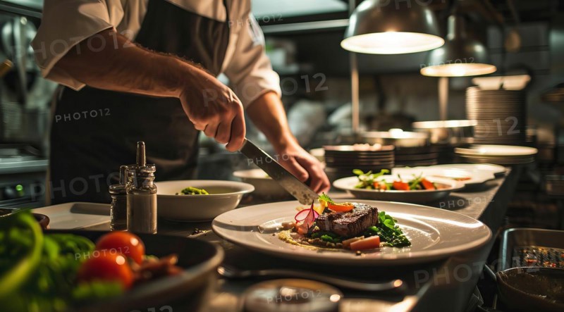 Chef in modern kitchen preparing gourmet meal in upscale restaurant of world cuisine, AI generated
