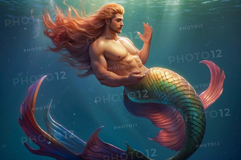 A man in a mermaid costume is swimming in the ocean. The mermaid is colorful and has a long tail, AI generated