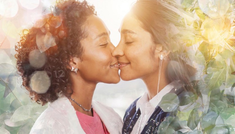 Two women are kissing each other.. Scene is romantic and intimate, AI generated