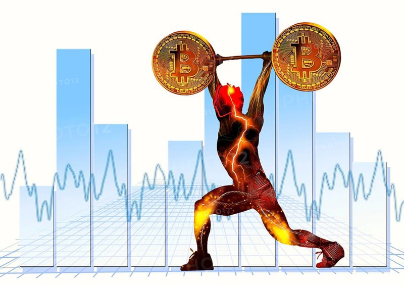 Symbolic image, Bitcoin with electrified weightlifter, vision of the future, stock market prices, insecure digital currency, resources, energy, industry, economy critical, stock market hype, stock market crash, payment, insolvency, wrong decisions, maximum profit, profit collapse, share prices, Germany as a business location, global economy, globalisation, environmental protection, mafia, Trump government, Bitcoin rally, cryptocurrency, electronic wallet, crypto reserve, price development, stock market trading