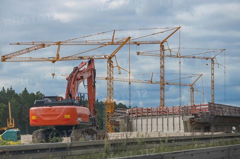 Construction cranes and construction machinery on the A6 Nuremberg-Heilbronn motorway, Bavaria, Germany, Europe