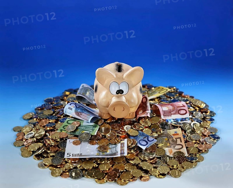 A piggy bank with banknotes and coins, savings, old-age provision, nest egg Studio photo, Lower Saxony, Federal Republic of Germany
