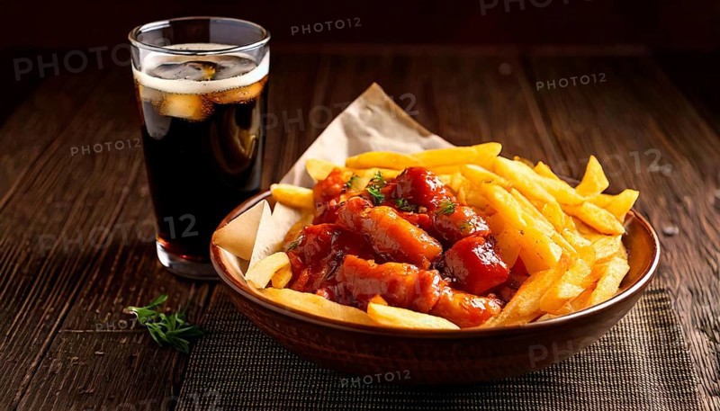 KI generiert, AI generated, food, foodstuffs, currywurst, French fries, cola, snack bar, fast food, Stilllife Lower Saxony, Federal Republic of Germany