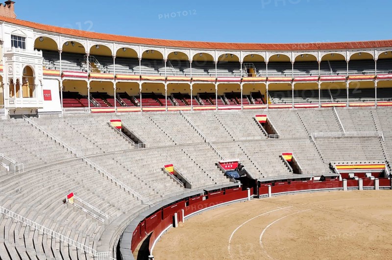 Madrid, Spain, Europe, Spacious rows of seats in a bullring, partly decorated with Spanish flags, Las Ventas Bullring, Europe
