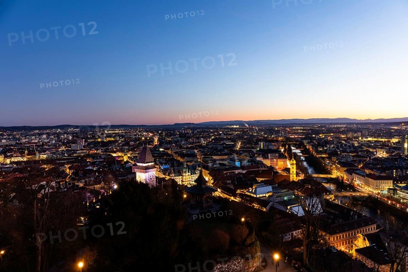 Evening mood, view from the Schlossberg to the clock tower and the historic city centre, Graz, Styria, Austria, Europe