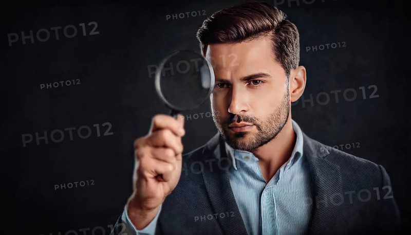 Businessman looking through a magnifying glass with a pensive emotion against a dark background. Investigation, scrutiny, and analysis concepts. AI generated