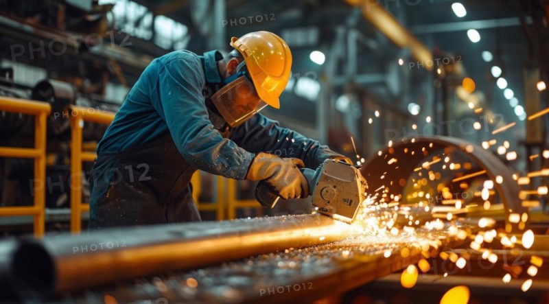 Worker in industrial factory working on steel production manufacturing line with welding equipment, AI generated