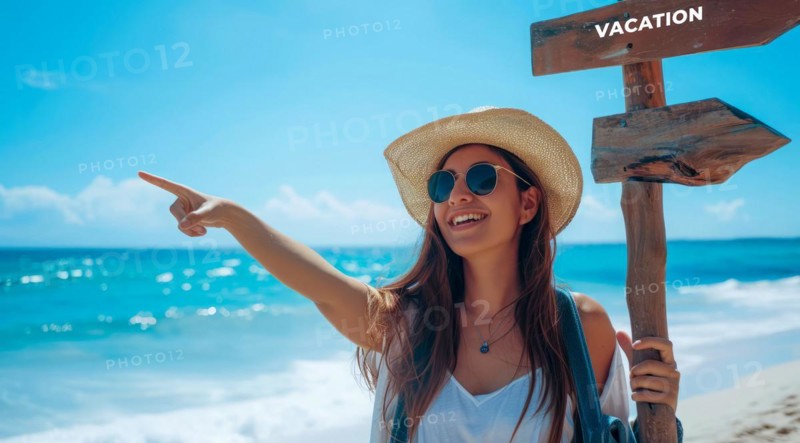 Sign pointing to the direction of vacation destination with scenic beach and ocean, AI generated