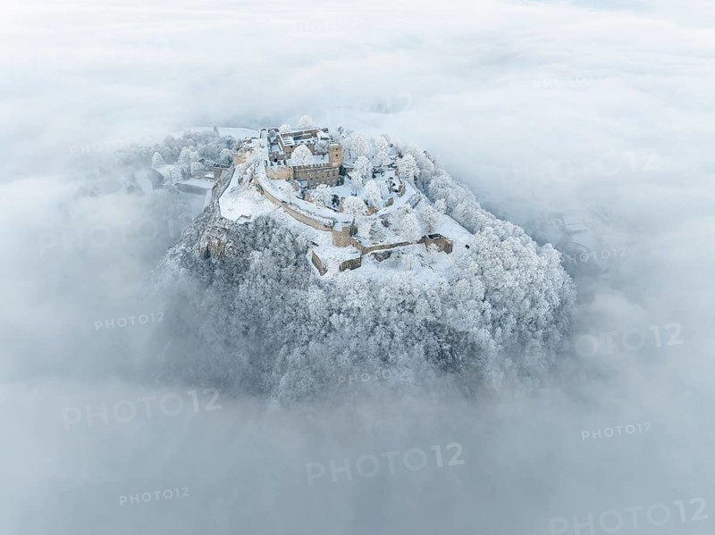 Aerial view of the Hegau volcano Hohentwiel with Germany's largest fortress ruins rising out of the sea of fog, Singen am Hohentwiel, Constance district, Baden-Württemberg, Germany, Europe
