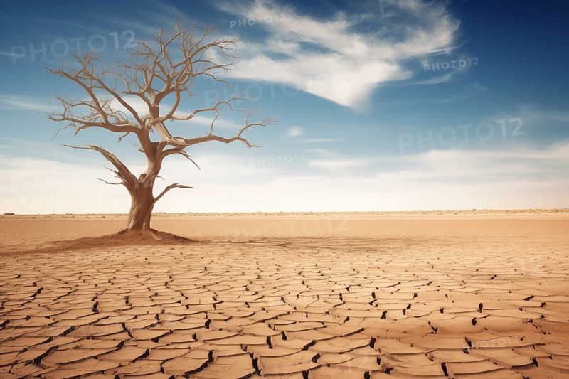 Drought climate change ecology solitude concept, dry dead tree in desert with a dry, cracked ground. The tree is the only sign of life in the barren landscape, AI generated