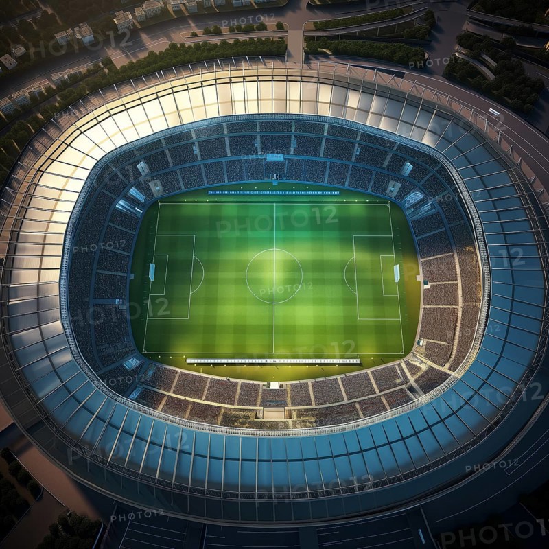 Aerial bird eye top view of a soccer football field stadium in night, AI generated