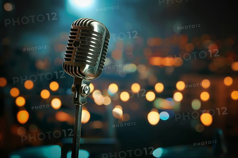 Microphone on a microphone stand with a blurry coloful background, AI generated