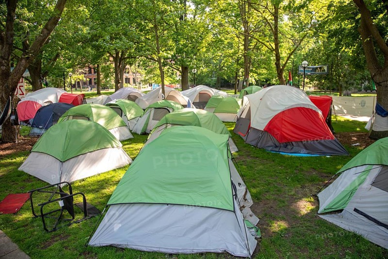 Ann Arbor, Michigan, Tents set up by students at the University of Michigan on May 20, 2024 in solidarity with the victims of Israeli bombing in Gaza. Less than 24 hours later, university police used pepper spray to forcibly dismantle the encampment, saying that it was a threat to student safety