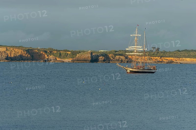 Large traditional sailing boat in a bay on the Atlantic. Camaret sur mer, Crozon, Finistere, Brittany, France, Europe