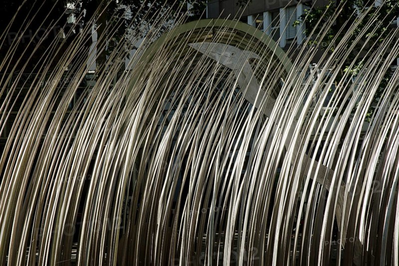 Stainless steel figure group with hidden figure in the reeds entitled The Island by Horst Antes, Düsseldorf, North Rhine-Westphalia, Germany, Europe