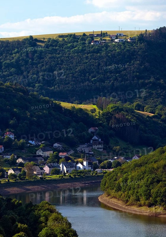 Elevated view of the river Our with the village of Stolzembourg, Our National Park, Ardennes, Islek, Oesling, Grand Duchy of Luxembourg