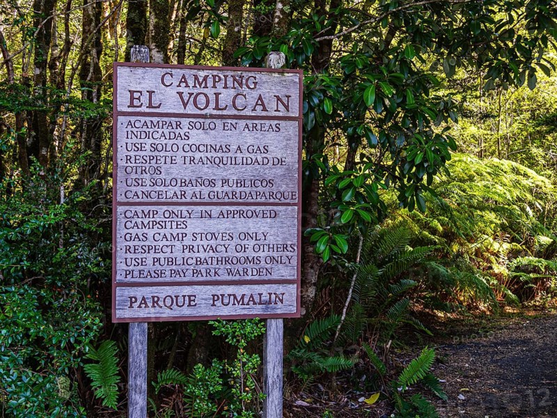 Signpost of campsite El Volcan, Park Pumalin, parque Pumalin, Carretera Austral, Chile, South America
