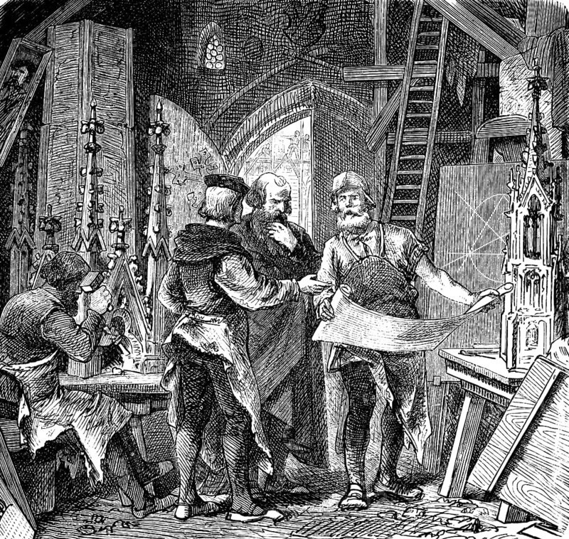 Master builder in the Middle Ages, craft, carpenter, stonemason, compass, ladder, interior, church building in the Christian Middle Ages, 9th to 15th century, historical illustration 1880