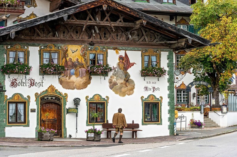 Typical Lüftl painting of the Holy Trinity and St Florian, Hotel and Gasthof Zur Alten Post, Wallgau, Werdenfelser Land, Upper Bavaria, Bavaria, Germany, Europe