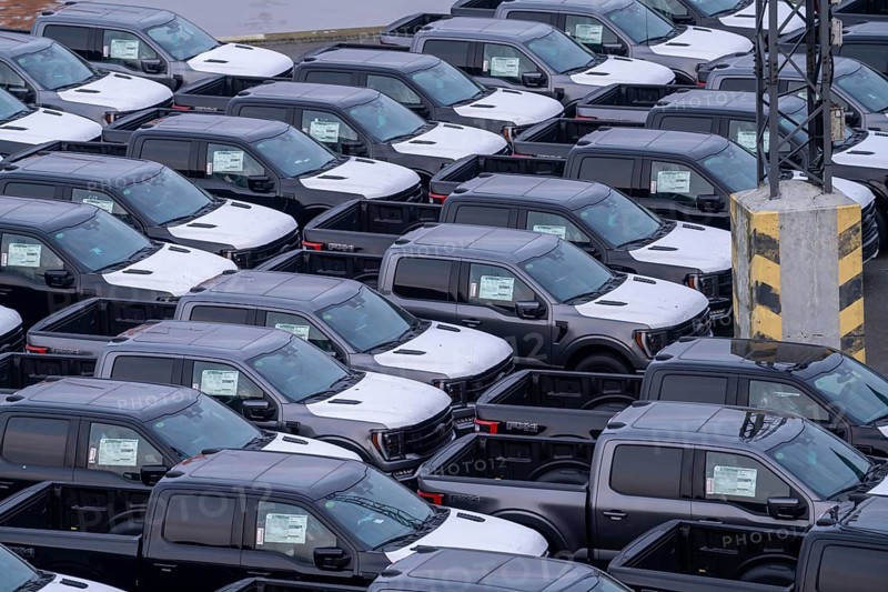 Ford FX4 pickup trucks on stockpile, in the overseas harbour of Bremerhaven, after import from the USA in Germany, Lower Saxony, Germany, Europe