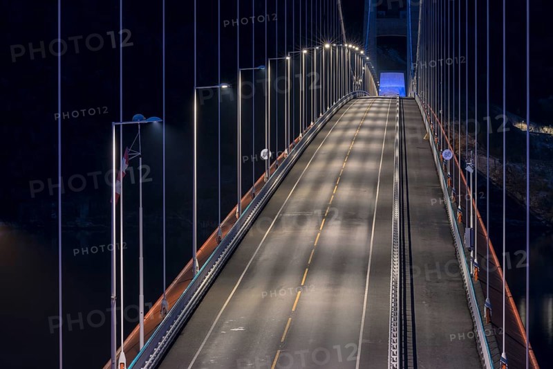 Bridge Hardangerbrua at night, Hardangerbridge, over the Eidfjord, a branch of the Hardangerfjord, longest norwegian bridge, Hordaland, Norway, Europe