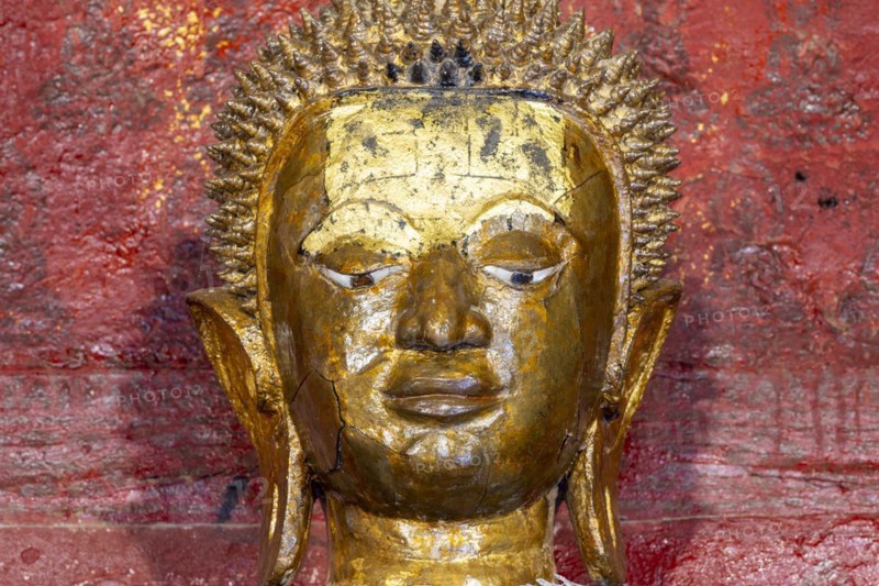 Golden Buddha statue, Bhumispara-mudra, Buddha Gautama at the moment of enlightenment, Wat Long Koon, Luang Prabang, Laos, Asia