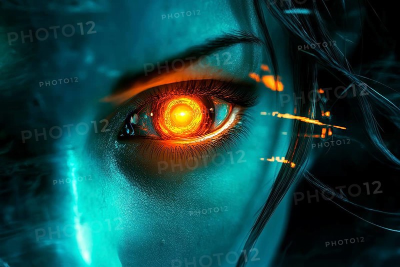 Conceptual symbolism of artificial Intelligence represented by a human face with a glowing orange eye emerging from a computer, AI generated