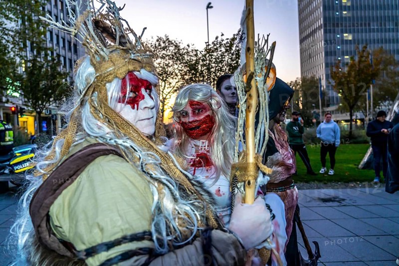 The Zombiewalk in Essen, on Halloween several hundred people, some dressed as scary zombies, undead, walked from the main railway station to the district of Rüttenscheid, North Rhine-Westphalia, Germany, Europe