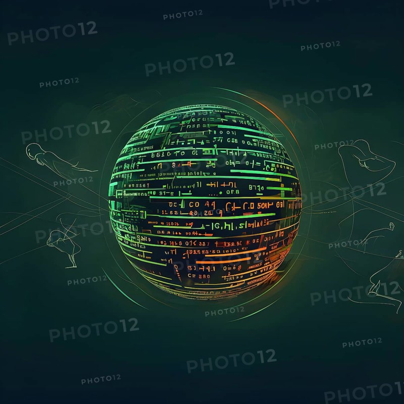 Illustration of an abstract, vibrant green colored rotating digital sphere with patterns resembling AI algorithms, surrounded by faint lines tracing athletic motions, AI generated