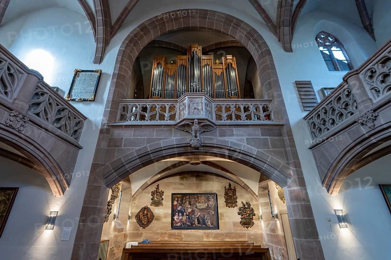 Organ loft of St Nicholas and St Ulrich Church, Kirchenberg 15, Nuremberg-Mögeldorf, Middle Franconia, Bavaria, Germany, Europe