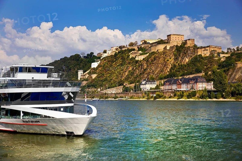 Excursion boat on the Rhine with Ehrenbreitstein Fortress, Koblenz, Rhineland-Palatinate, Germany, Europe