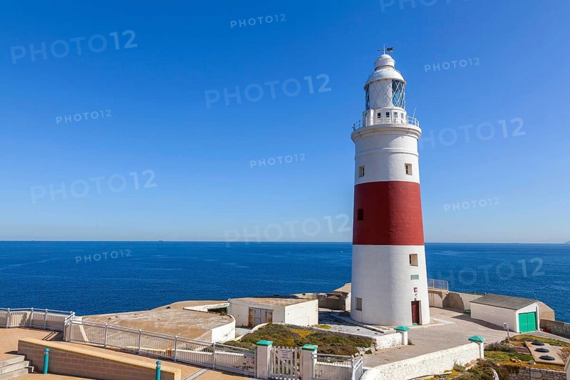 Red and white striped lighthouse at Europa Point, Gibraltar, British territory in southern Spain, Europe