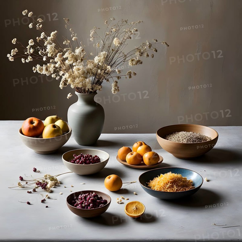 Still life scene of a simple wooden table with a vase of dried flowers, a few ceramic bowls, and scattered fruits, AI generated