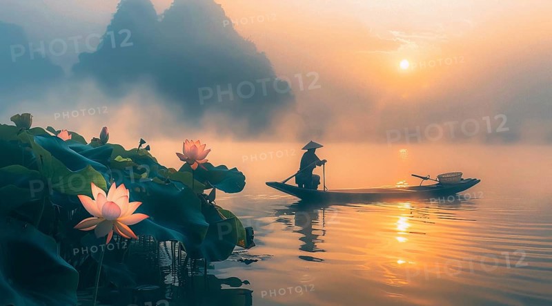 Zen Buddhist old man on a boat at sunrise on foggy morning in Chinese mountains with lotus flowers, AI generated