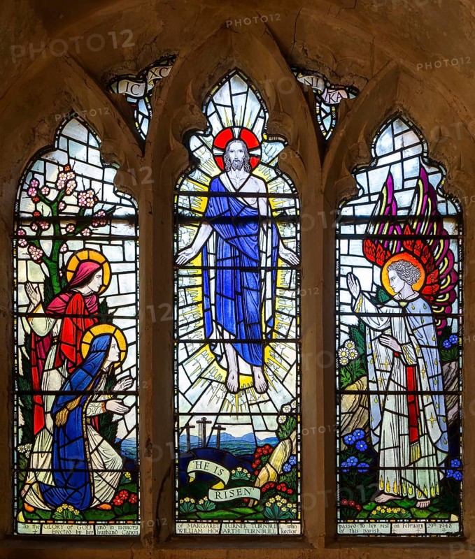 Stained glass window of Resurrection church of Saints Peter and St Paul, Kedington, Suffolk, England, UK, He is Risen
