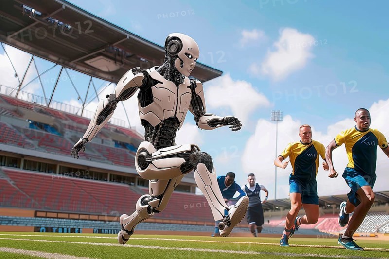 Futuristic humanoid cyborg competing with humans in a Stadium, AI generated