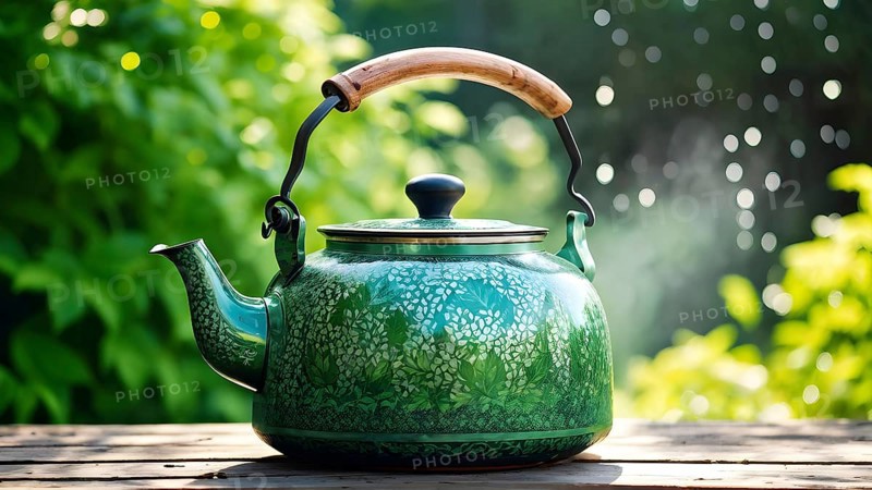 Green colored tea kettle whistling on a rustic wooden table in soft morning sunlight, AI generated