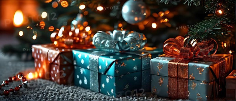 Beautiful wrapped Christmas gifts with shiny ribbons and bows stacked under a evergreen tree in a cozy living room, AI generated