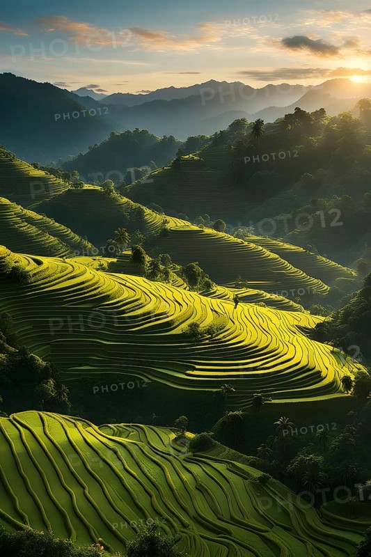 Early morning light bathes Philippines rice terraces cascading down mountain slopes, AI generated
