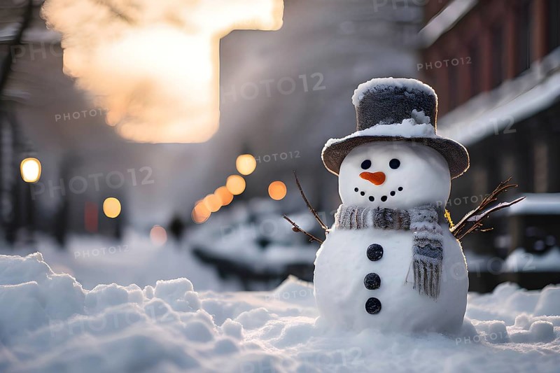 Snowman in an idylic winter urban scenery, snow-covered streets and buildings in background, ambient light, AI generated
