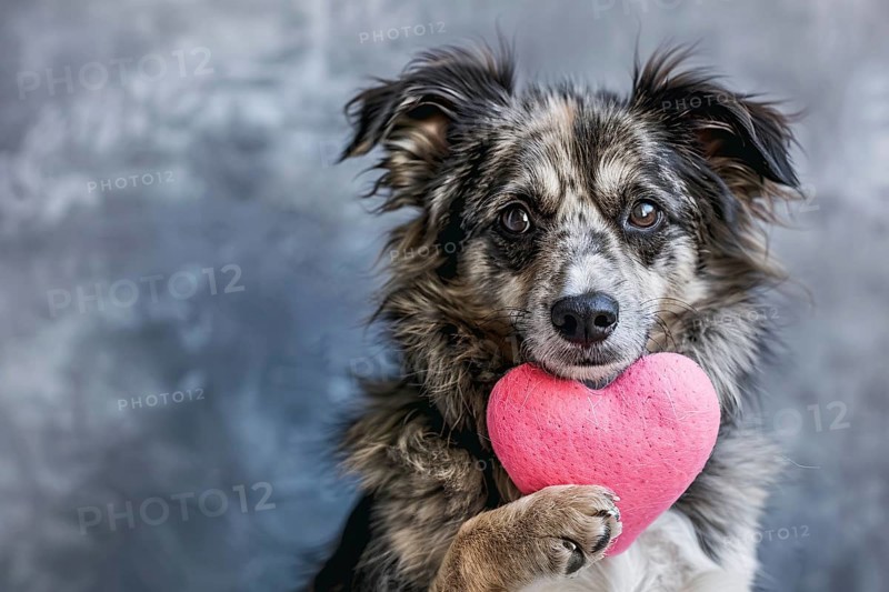 Dog holding pink plush heart in paw. Generative Ai, AI generated