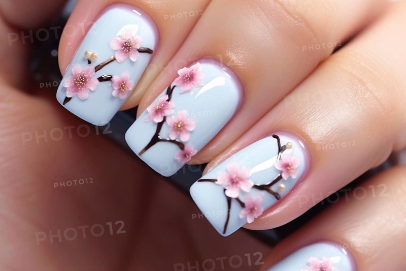 Fingernails with cherry flower nail art design. KI generiert, generiert AI generated
