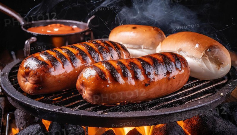 Food, dishes, two sausages on a charcoal grill with glowing charcoal, AI generated, AI generated